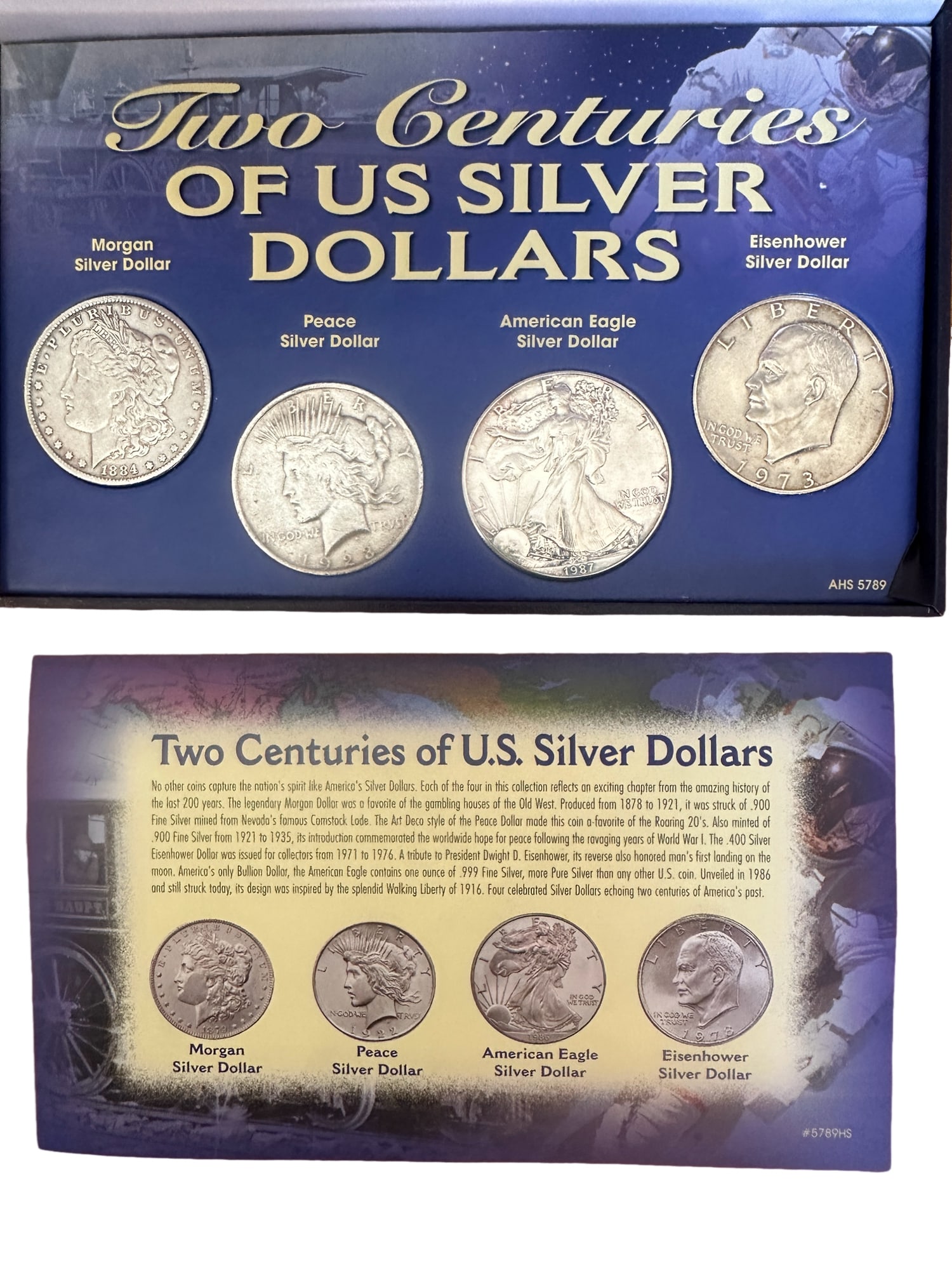 two centuries of U.S. Silver dollars-1884 Morgan Dollar, 1923 Peace Dollar, 1987 A. Eagle, 1973 Eis: (1) 4-Coin Set, Including: (1) 1884 Morgan silver dollar (1) 1923 Peace dollar (1) 1987 American Eagle 1oz silver dollar (1) 1973 Eisenhower silver dollar **IN HOUSE SHIPPING offered on this lot