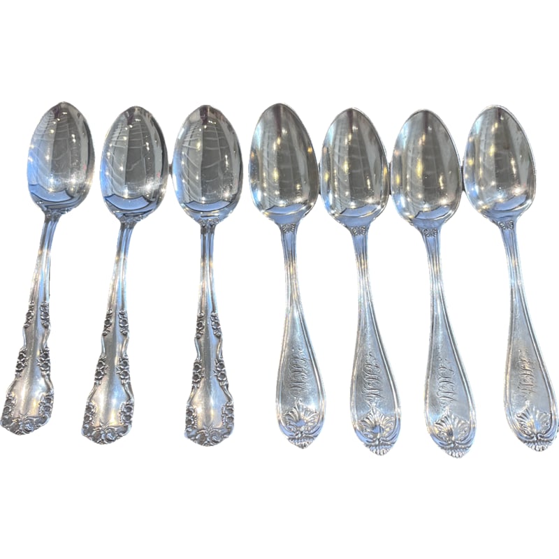 Lot of Sterling Silver Spoons - Simpson, Hall, Miller and Co: Lot of 7 sterling silver spoons. 3 Simpson, Hall, Miller and Co and 4 marked 'W.G three leaf clover S' Weight: 180g **IN HOUSE SHIPPING offered on this lot