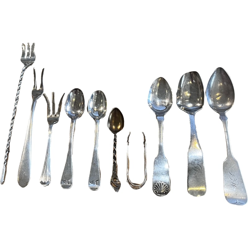 Group of Sterling Silver & Sterling Coin Silver Silverware- S.Kirk&Son, W.Gregg, Mermod Jaccard & Co: 10 silverware pieces. Some sterling, some coin silver. Weight of sterling: 75g Weight of other pieces: 55g **IN HOUSE SHIPPING offered on this lot