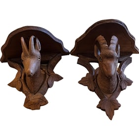 Pair Black Forest Carved Antelope Wall Brackets