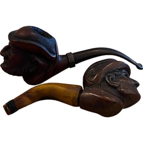 Pair Antique Vintage Carved Wood Smoking Pipe, Mans Head One stamped Bruye Garan.