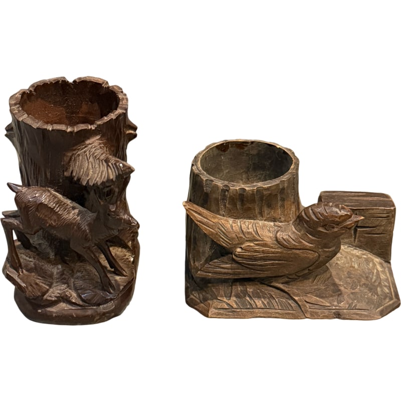 Two Black Forest Carvings / Wood Carving of Deer and Bird tooth pick/match Holders: Charming set of Black Forest carvings candle holders. One deer and one bird. Measurements of bird: 2.25"H x 4"L x 3"D Measurements of deer: 3.5"H x 2.5"L x 2.25"D **IN HOUSE SHIPPING offered on this l