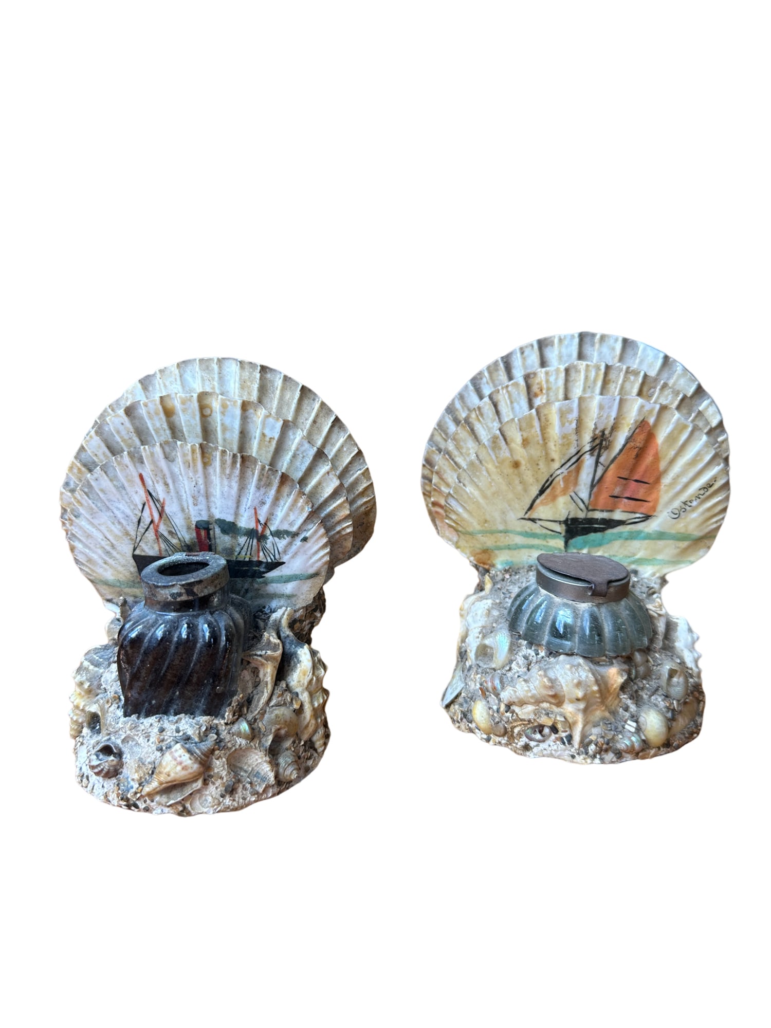 Antique French Glass Inkwell in triple Clam Shell & Seashell/Love Souvenir (1 of 7)