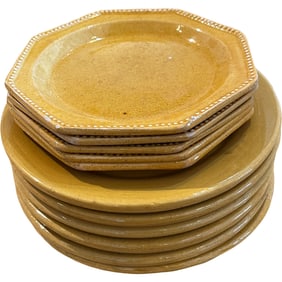 antique Lot of 5 Glazed Yellow ware Octagonal Plates and 6 Yellow Pottery Plates