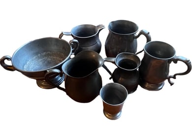 Lot of Pewter Pitchers, Pewter Cup, Pewter Trophy. William and Mary Hallmark, W.C and Co Hallmark
