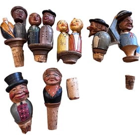 Lot of Seven Wooden Hand Carved ANRI Bottle Stoppers, Corks, Mechanical