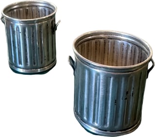 two Vintage Sterling Silver Miniature Trash Can Form Tooth Pick / Cocktail Spear Holder. Stamped.