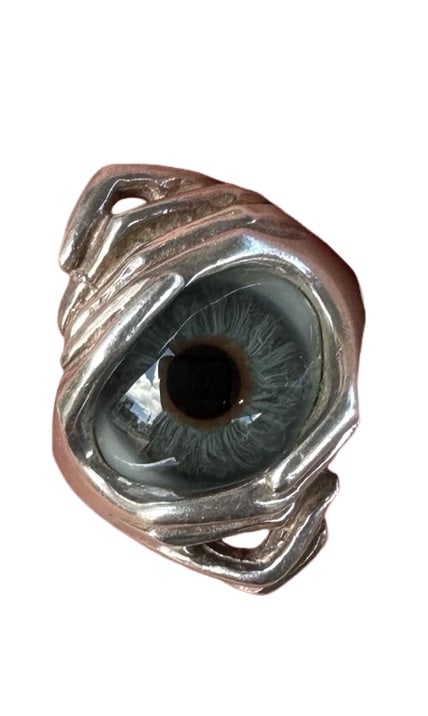 Blue Prosthetic Glass Eye Two Hand Peace Ring Sterling Silver / Size 6 (1 of 7)