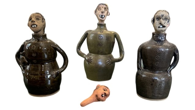 Kathy Richards Face Jugs/vase/vessel LINCOLNTON, North Carolina pottery: Stamped "KATHY RICHARDS / LINCOLNTON, N.C.," 21st century, wheel-thrown jugs with hand-modeled and applied clay faces and broken china teeth Measurements roughly : 7"H x 2.5"L of base IN HOUSE SHIPPIN