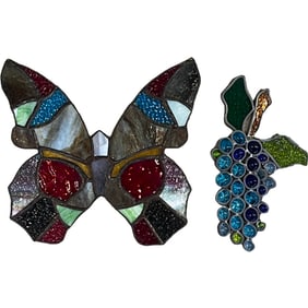 Lot of Two Handmade Stained Glass Decor Butterfly and Grapes / W. Hamilton