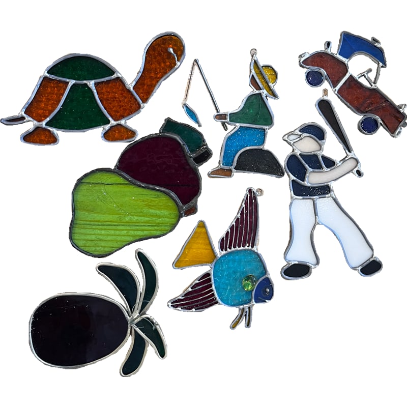 Lot of Stained Glass Ornaments / Window Hangers (7): Lot of fun stained glass ornaments / window hangers. **IN HOUSE SHIPPING offered on this lot