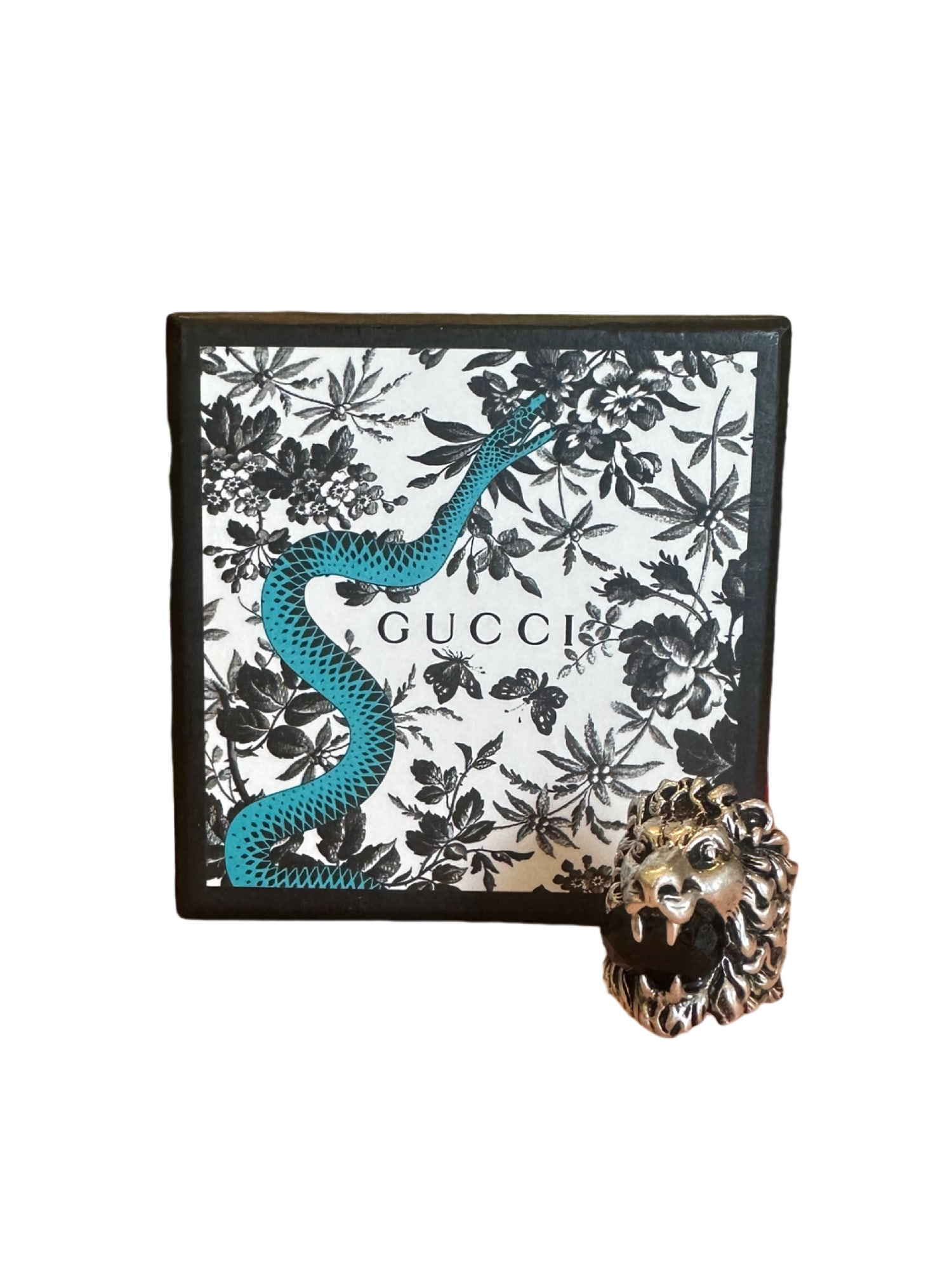 GUCCI Metal Crystal Lion Head Ring 7.5 Black Aged Silver (1 of 12)