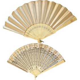 Lot of Two Antique Hand Fans / Bone / Silk and Lace