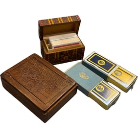 Lot of Vintage Playing Cards, and Two Hand Carved Wooden Playing Card Holder Box / Piping Rock Club