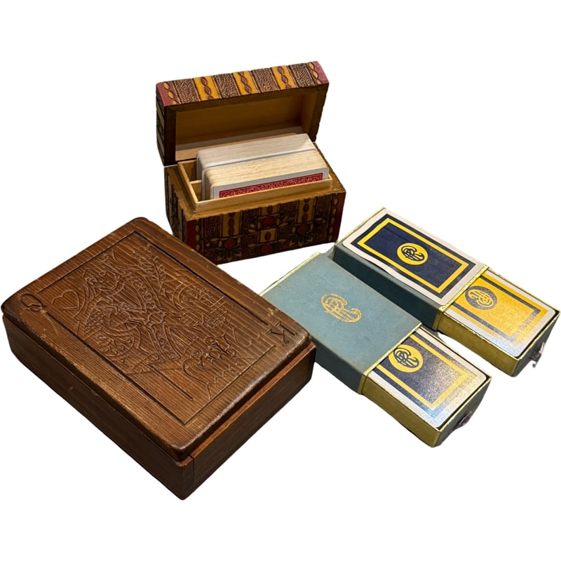 Lot of Vintage Playing Cards, and Two Hand Carved Wooden Playing Card Holder Box / Piping Rock Club (1 of 9)