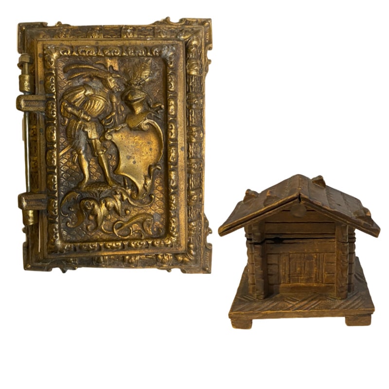 Vintage Black Forest Wood House Inkwell with Glass Receptacle and Vintage Solid Brass Writing Pad (1 of 11)