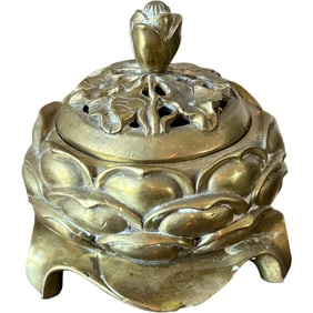 Vintage Hand Made Brass Signed Chinese Incense Burner Holder, Lotus Flower
