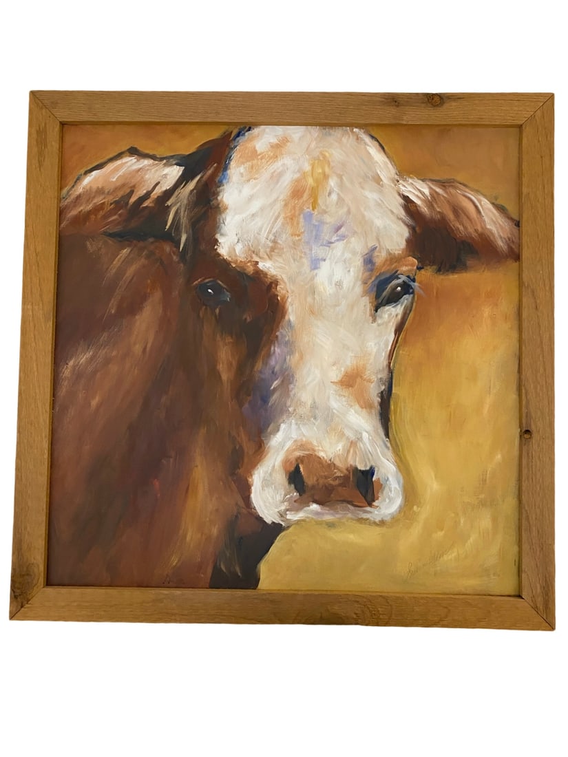 Cow Oil painting on Board by Susan Allen: such a fun piece of art work done by Susan Allen Framed 25x25 Unframed 21.5x21.5 ****SHIPPING on this item offered through, UPS 843-971-4111 store3809@theupsstore.com -Pak Mail 843-849-0310- info@char