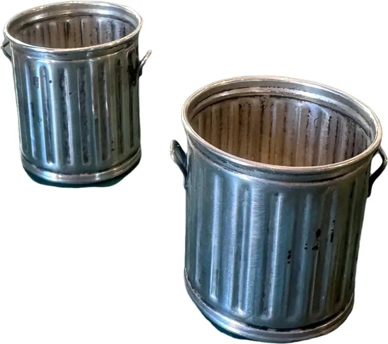 two Vintage Sterling Silver Miniature Trash Can Form Tooth Pick / Cocktail Spear Holder. Stamped.: Vintage Sterling Silver Miniature Trash Can Form Tooth Pick / Cocktail Spear Holder. Stamped. Measures 2" x 2". Approx. weight: 55 grams. Condition: Good condition.IN HOUSE SHIPPING