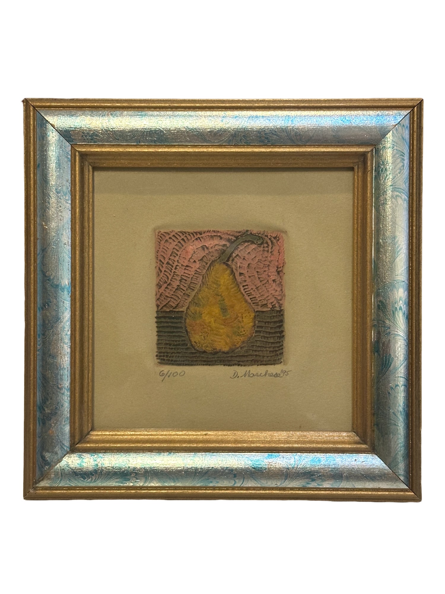 mixed media pear signed by D. Marchese 1995: really fun mixed media pear signed by D. Marchese 1995frame is a beautiful blue numbered 6/100 with frame 7.25Lx7.25W