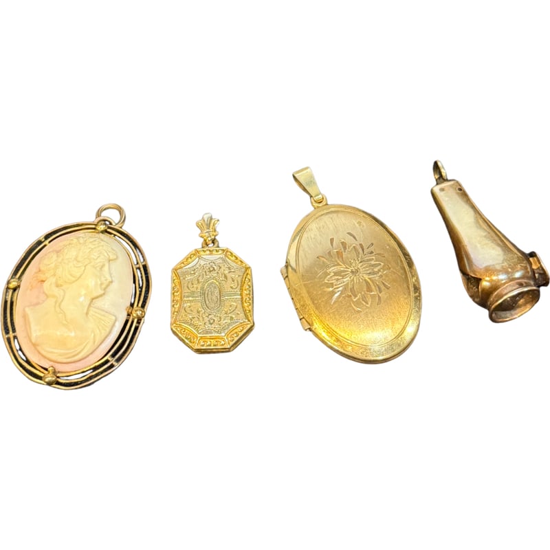 Lot of Gold Filled Pendants / Cameo: Lot of 4 gold filled pendants. One cameo pendant/brooch. 30.70 grams **IN HOUSE SHIPPING offered on this lot