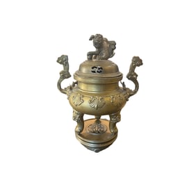 Large Antique Asian Bronze Incense Burner Censer Tripod Foo Dog