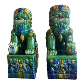 Ceramic Vintage Jade Green and Cobalt Glazed Sancai Foo Dogs- Set of 2