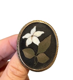 Antique Italian Inlaid Mosaic Floral Brooch Pietra Dura