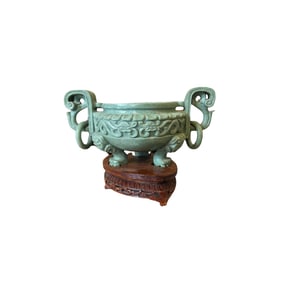 Chinese Nephrite Jade Censer with Wooden Base