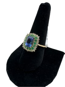 10K Yellow Gold Tanzanite Ring with Emerald and White Diamonds