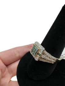 10K Yellow Gold Quad Ring Princess Cut Green Diamond and Round White Diamond