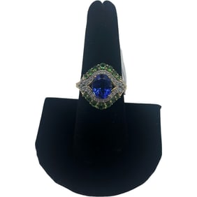 14K Yellow Gold Park Avenue Collection Tanzanite, Tsavorite Garnet and White Diamond Ring
