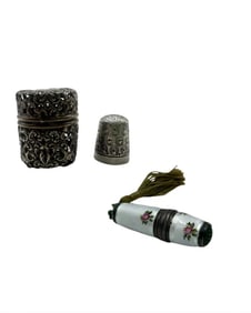 antique sterling silver filigree thimble holder and Sterling Silver Sewing Kit Case