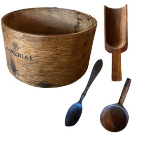 Antique Carved Imperial Treenware Bowl/Bucket Dry Measure with Wooden Utensils