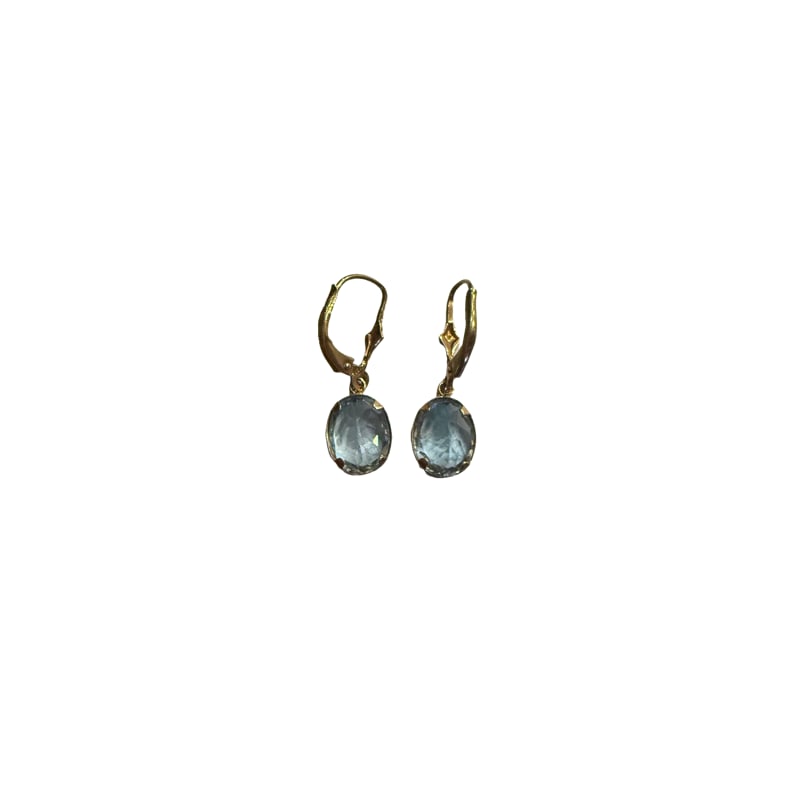 14K Yellow Gold Blue Topaz Huggies Earrings: pair of 14kt yellow gold earrings and each having a bezel set 10mm by 8mm light blue topaz in it. With stones weigh 2.8 grams. **IN HOUSE SHIPPING