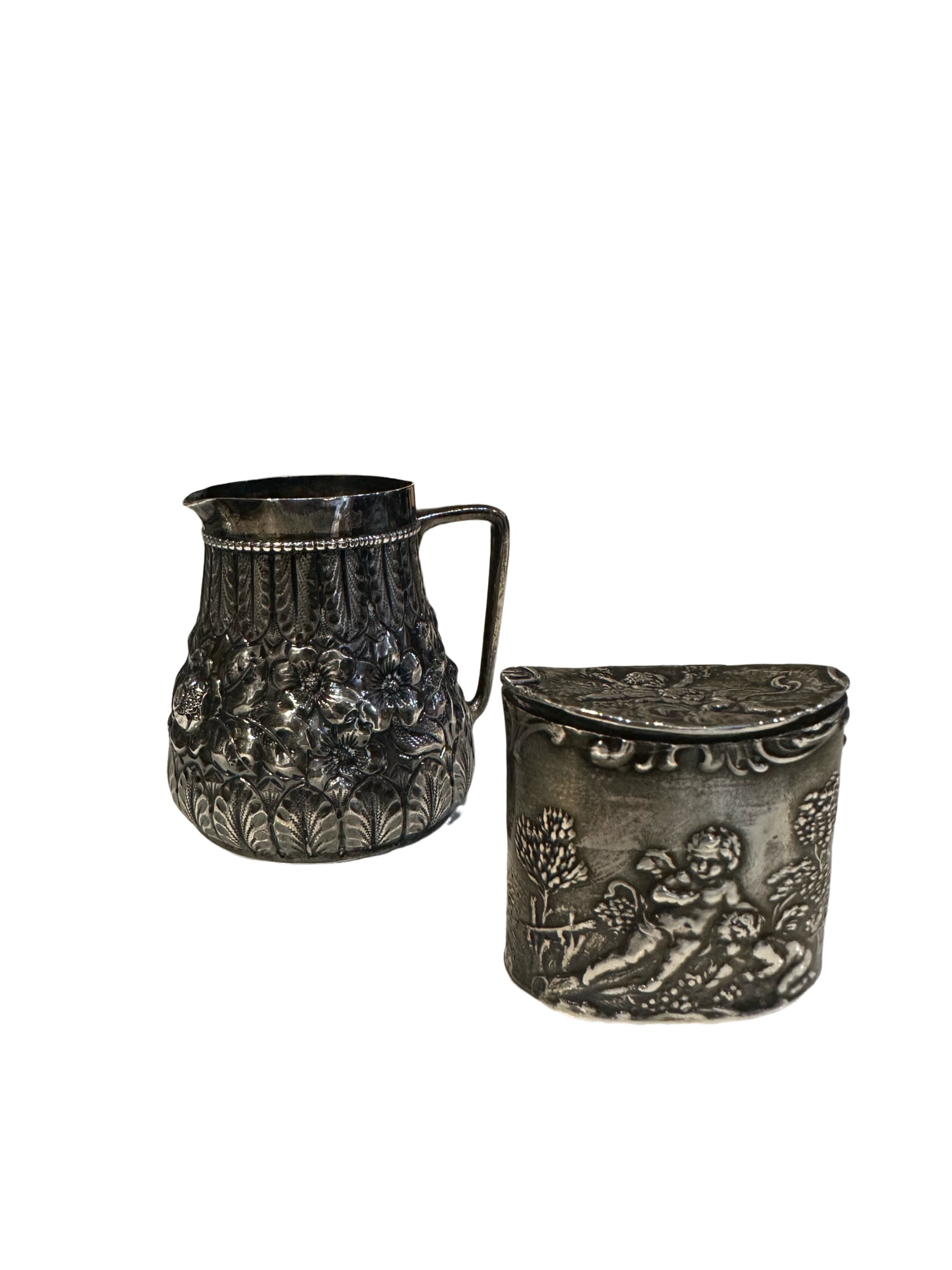 Sterling silver Gorham creamer repousse floral pattern and trinket box (1 of 6)