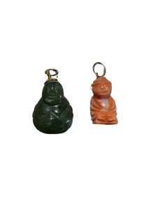 Hand Carved Jade Laughing Buddha and Coral Buddha 10k Gold Charm/Pendant