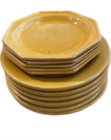 Antique Lot of 5 Glazed Yellow Ware Octagonal Plates and 6 Yellow Pottery Plates