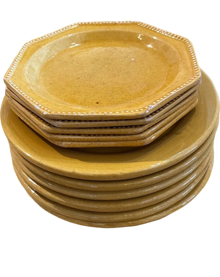 Antique Lot of 5 Glazed Yellow Ware Octagonal Plates and 6 Yellow Pottery Plates (1 of 9)