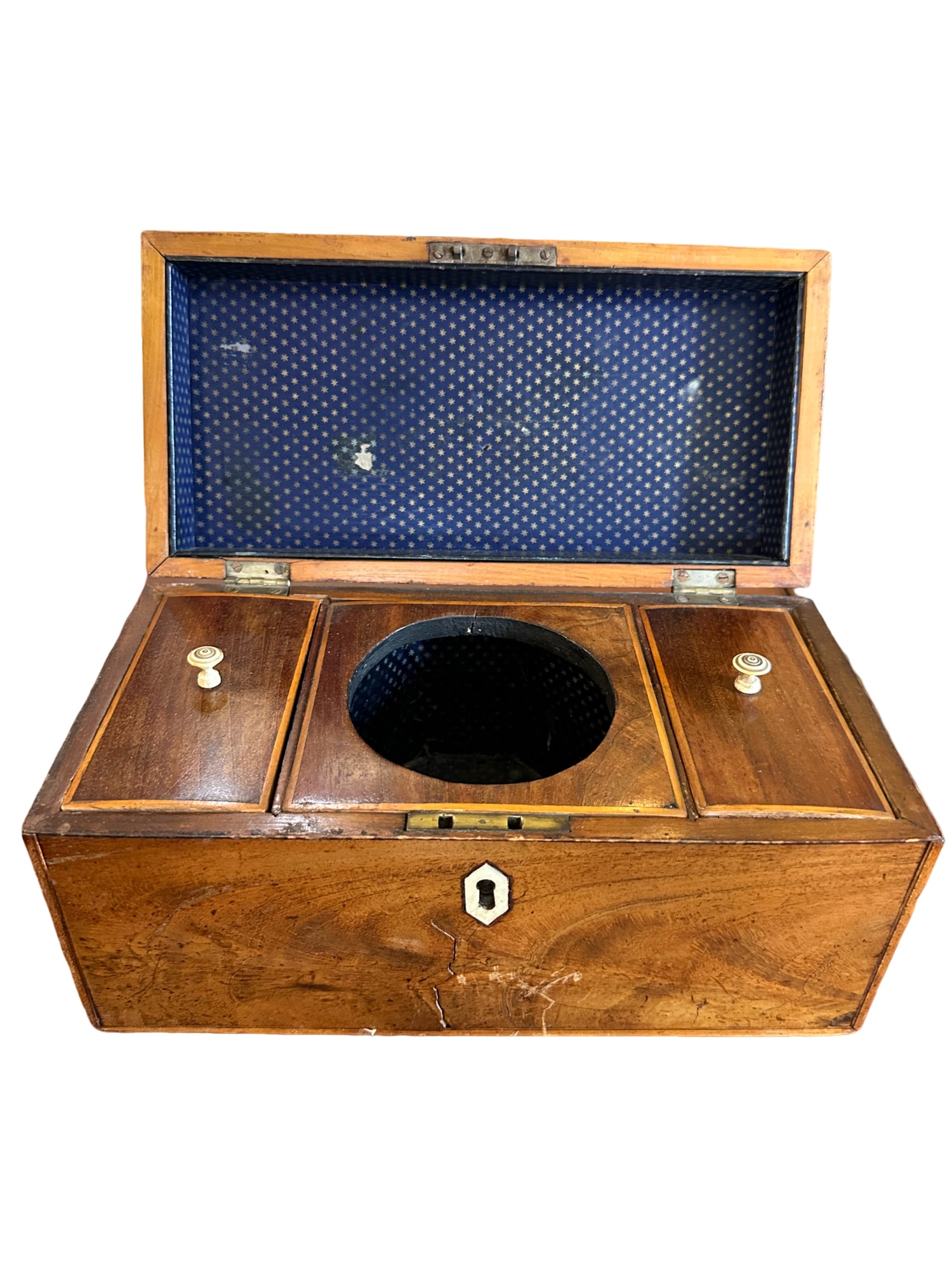 Antique English Mahogany with Satinwood Inlay Tea Caddy: English Mahogany Tea Caddy with inlay 11"x5.5"X5.75" in house shipping