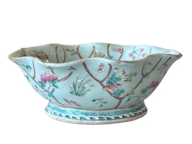 Antique Chinese Celadon Glazed Famille Rose Porcelain Bowl