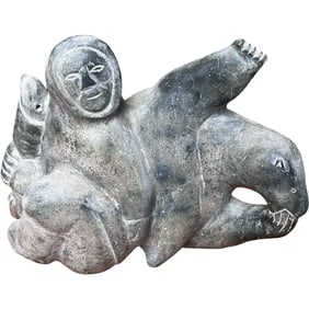 large Inuit Soapstone Man with Bear