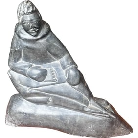 Inuit Signed Soapstone man with seal Sculpture Canada