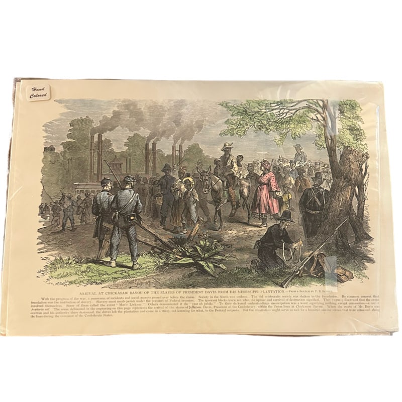 Print of Sketch by Frederick B. Schell: Print of Sketch by Frederick B. Schell "Arrival at Chickasaw Bayou of the Slaves of President Davis from his Mississippi Plantation" 16 in. W x 11 in. L in house shipping
