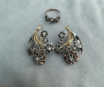 1840’s Early Victorian Diamond, Silver, Rose Gold Earrings and Ring