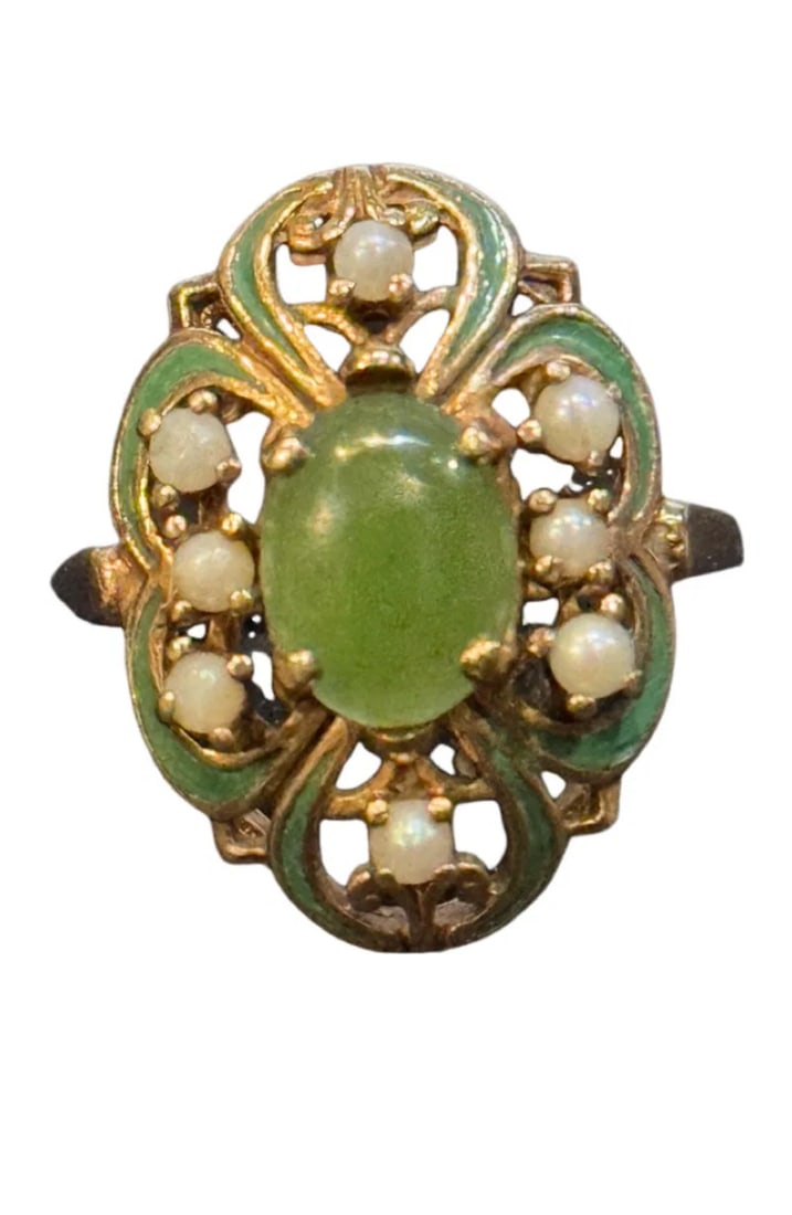 10K Gold Green Enamel Ring With Seed Pearls and ? Jade ? Stone (1 of 5)
