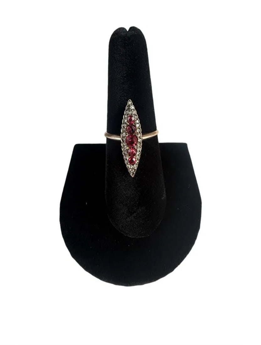 18K Yellow Gold Late 1800s Ring with Diamonds: 18K yellow gold late 1800s ring with diamond chips and points on the outside and synthetic red stones across the center. Size 7 and weight: 2.2 grams. **IN HOUSE SHIPPING offered on this lot