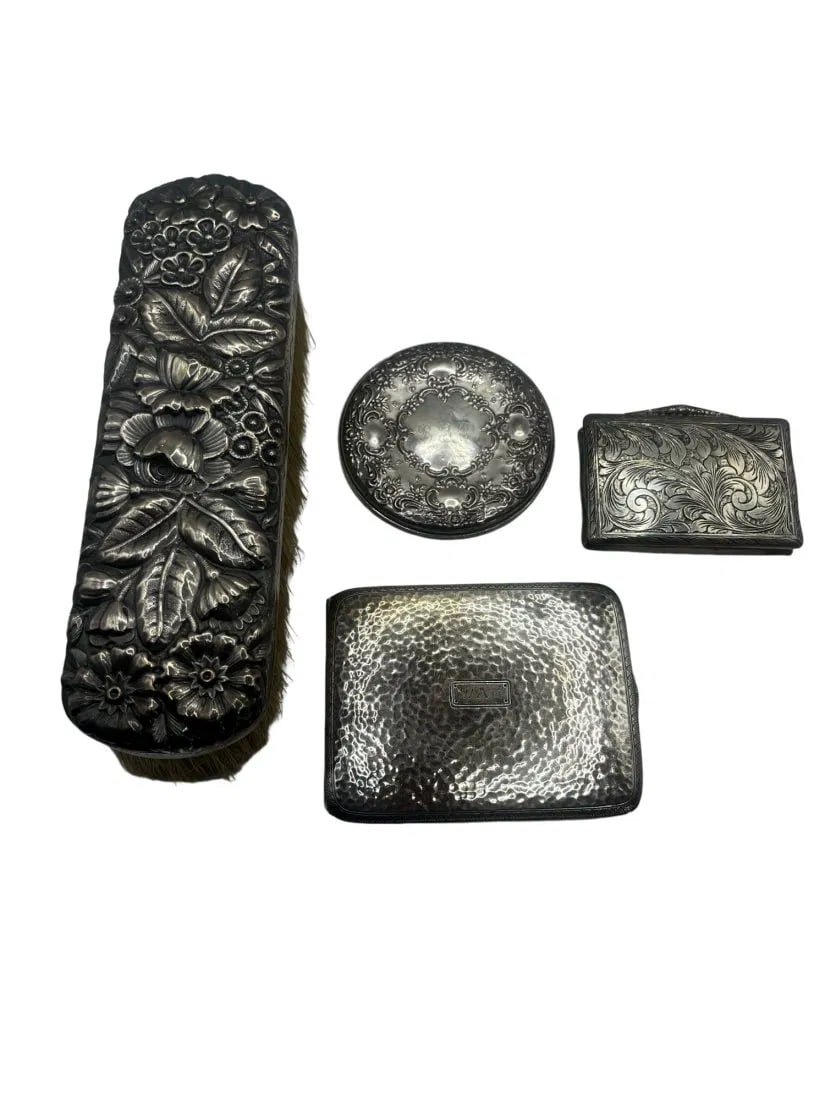 Lot of 4 sterling silver accessories including Large Brush, mirror, card case, and match case (1 of 14)