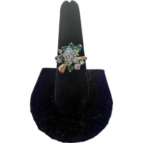 Vintage Trubrite 14K Yellow Gold Emerald and Diamond Cluster Cocktail Ring