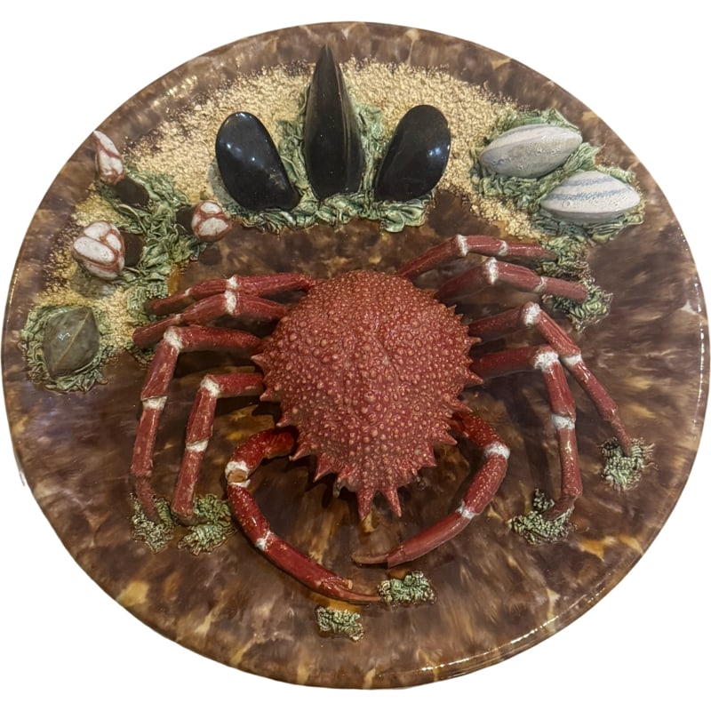 1968 Majolica Palissy Style Crab Charger Plate: Majolica Palissy Style Crab Charger Plate Measurements: 13.5”L x 2”H **OUT OF HOUSE SHIPPING on this lot, we recommend Pak Mail 843-849-0310 info@charlestonshipping.com or PostNet 843-849-